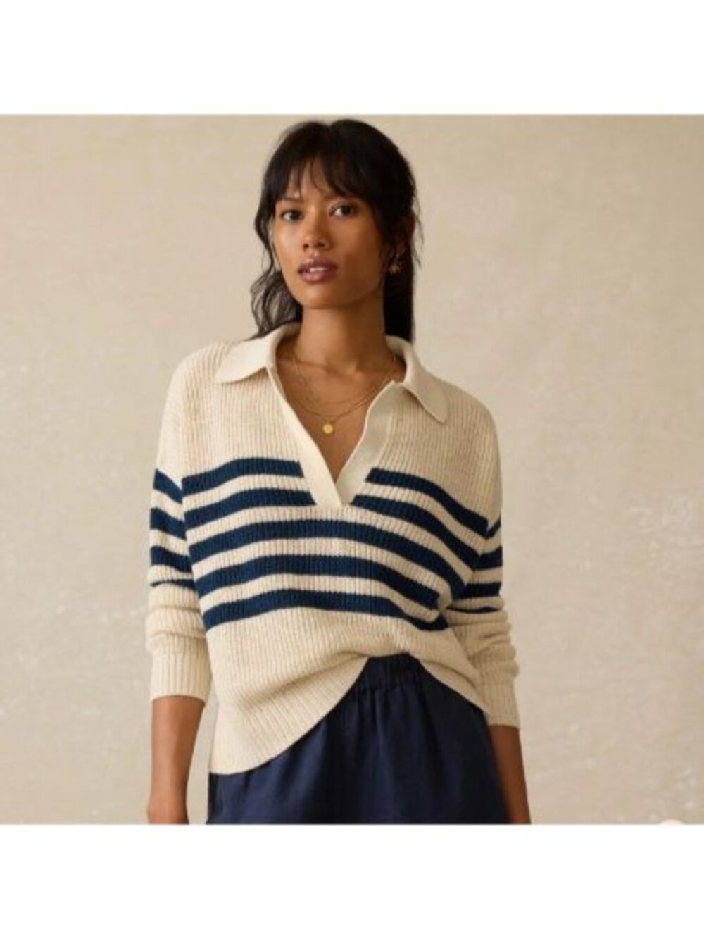 Faherty Mirimar Linen Polo in Ocean Ties Striped Sweater Sz M Navy Cream Collar - Picture 5 of 13